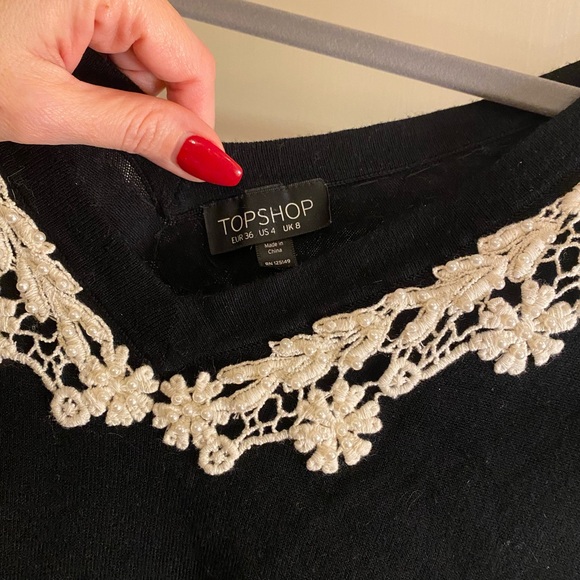 TOPSHOP Black knit sweater dress with deep V neck plus Lace and Pearl trim SZ 4 - Picture 2 of 5